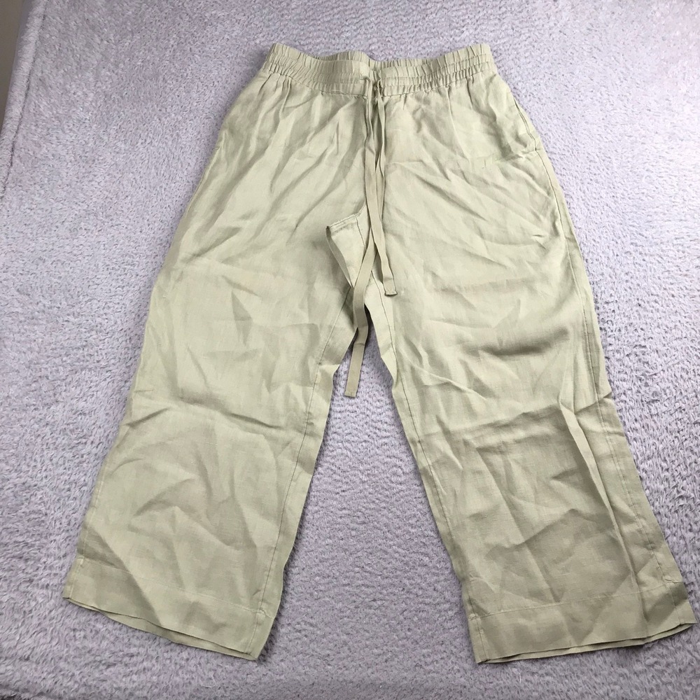 J Crew Wide Leg Cropped Pants Women S‎ (30x25) Green 100% Linen Drawstring